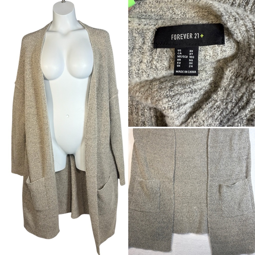 Forever 21 Cardigan Women's Size 3X Tan Gray Open Front Longline Long Pockets